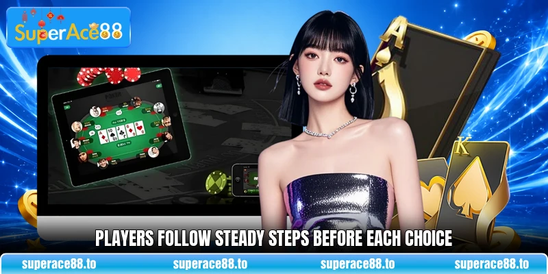 Players follow steady steps before each choice Players follow steady steps before each choice